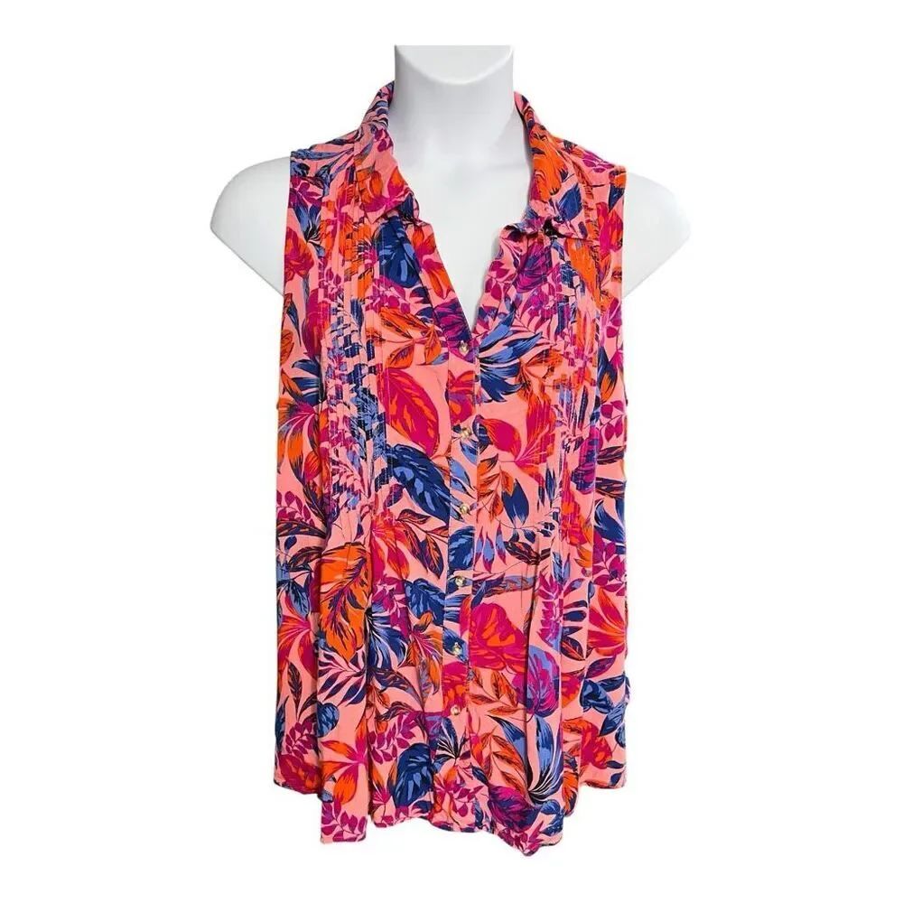 Terra & Sky Sleeveless Pink Floral Summer Blouse Plus Size 1X Button Front